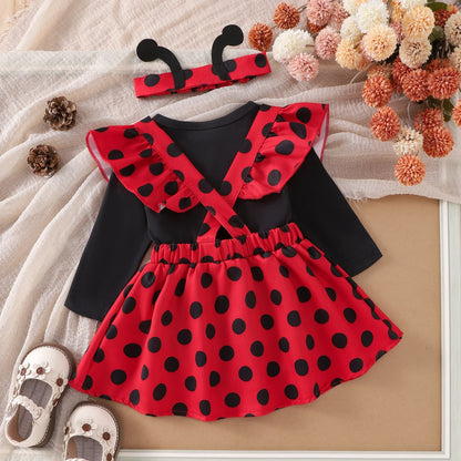 Cute Baby Girls Clothes Sets Flying Sleeve Romper Bee/Beetle Embroidery Suspender Dress Headband Sets Kids Costume