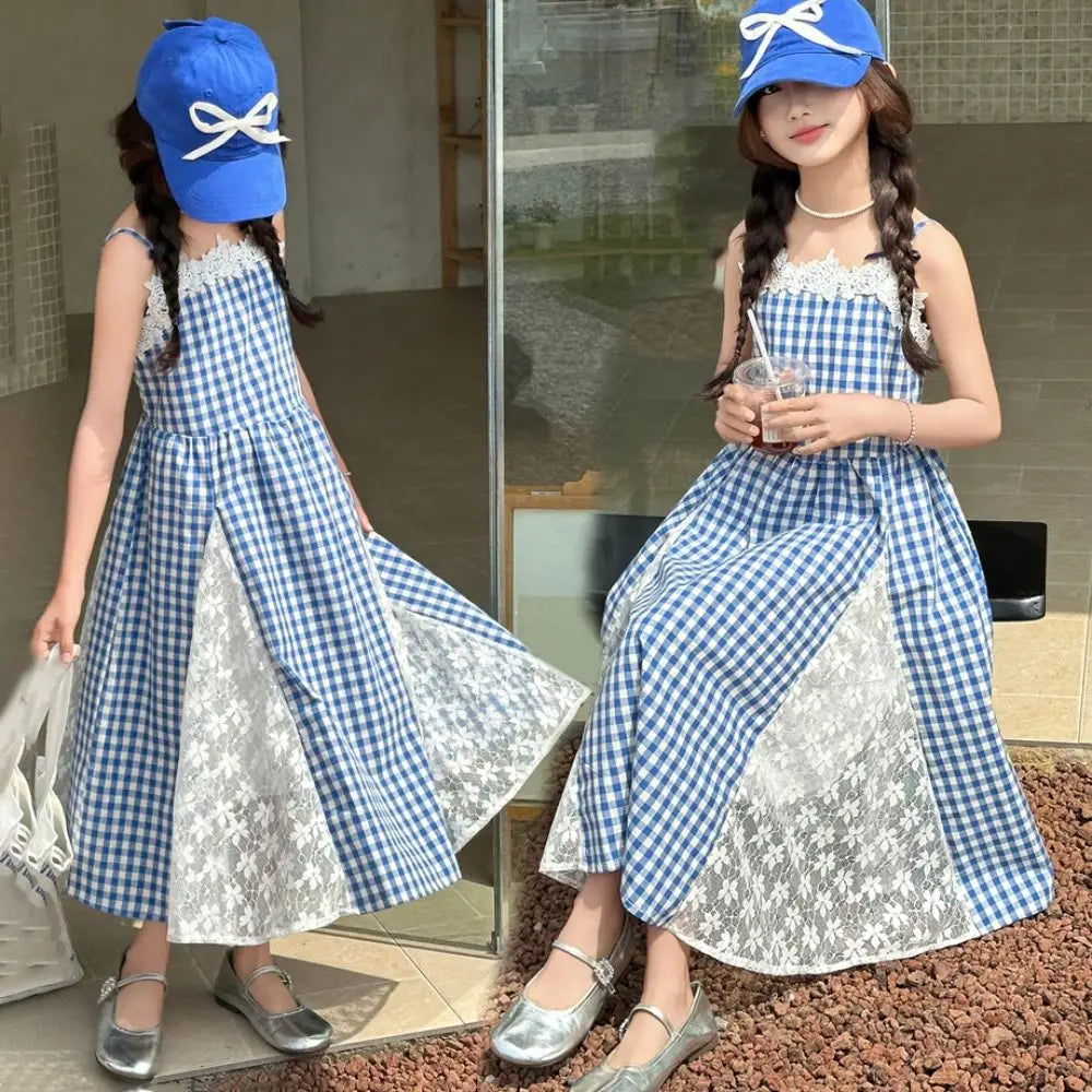 Fashion Plaid Girl Princess Dress Loose Lace Mesh Teens Sling Dress Sweet Skirt Children Sleeveless Dresses Summer