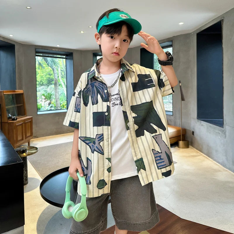 New Summer Teenager Striped Shirt for Boy Short Sleeve Korean Casual Style Big Kids Cotton Blouse Children's Stylish Clothes