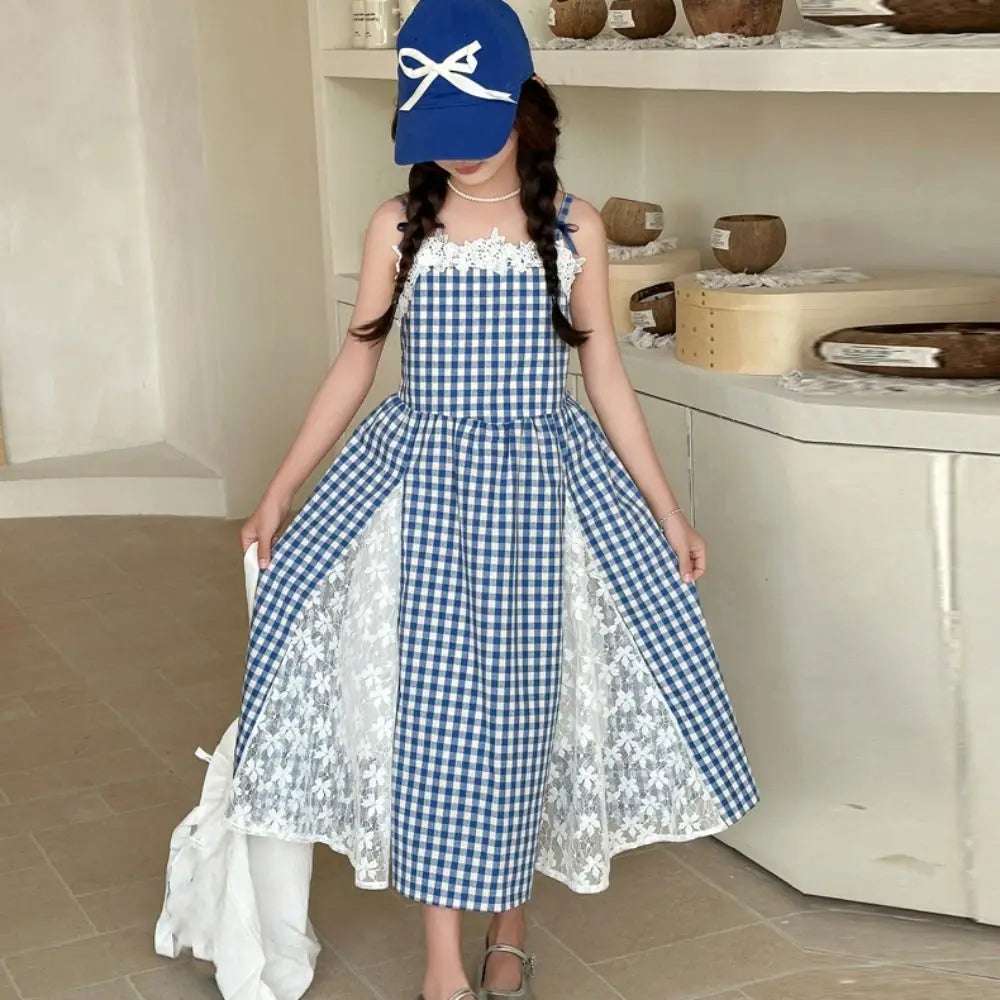 Fashion Plaid Girl Princess Dress Loose Lace Mesh Teens Sling Dress Sweet Skirt Children Sleeveless Dresses Summer