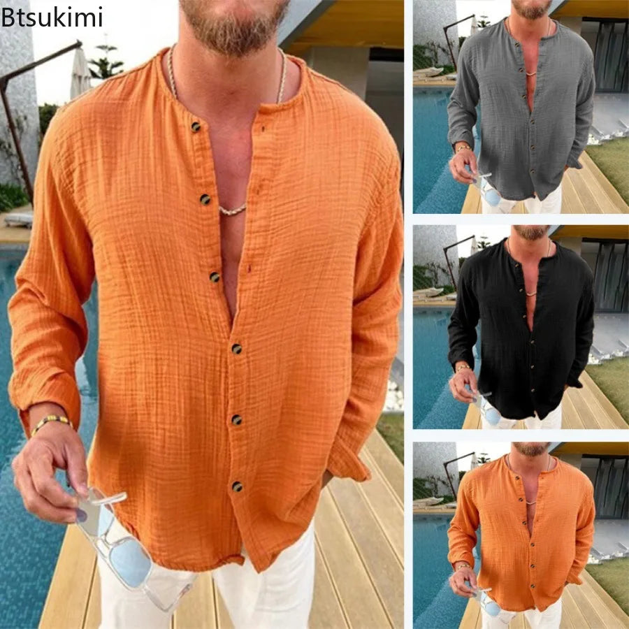 2026 Men's Shirts Spring Summer New Beachwear Button-up Stand Collar Casual Shirts Solid Breathable Long Sleeve Hawaiian Blouses