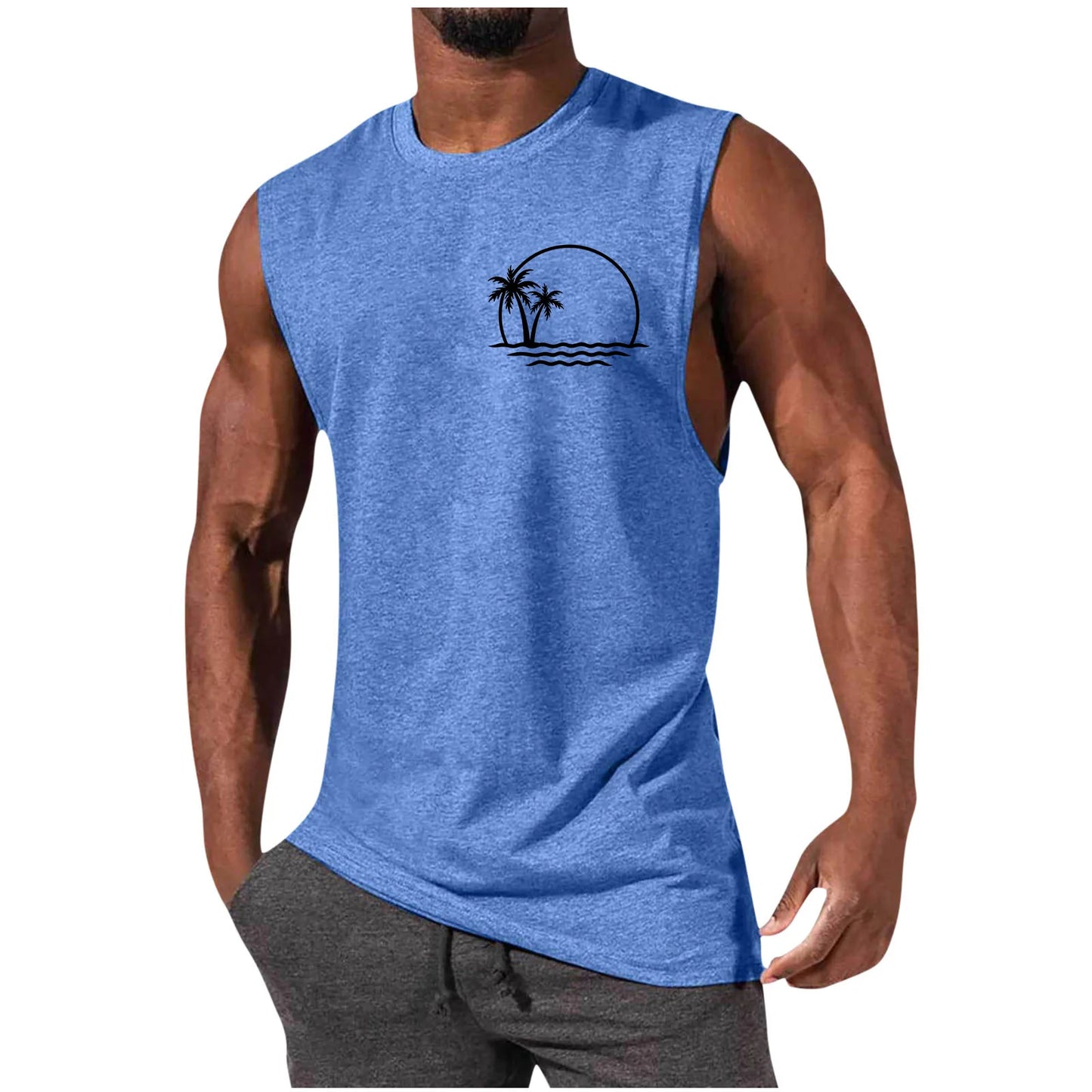 2025 Men's Hawaiian Beach Shirt Tropical Sunset Print Sleeveless Tank Top Palm Tree Vacation Swim Shirt Quick Dry Resort Wear