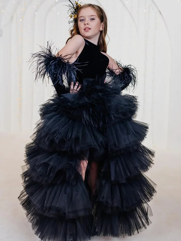 Girls Pageant Dress High Neck Halter Feather Sleeves Tiered Tulle Gown Formal Party Wedding Flower Girl Birthday Costume