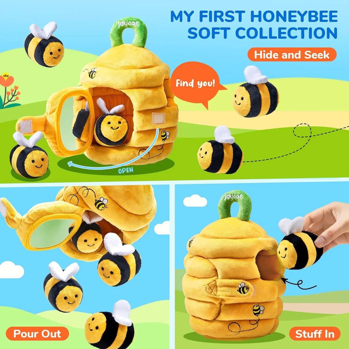 Baby Toys 6-12 Months Bee House with Stuffed Farm Animals for Toddlers 1-3 Baby Plush Beehive Wtih Rattles Squeaker Mirror