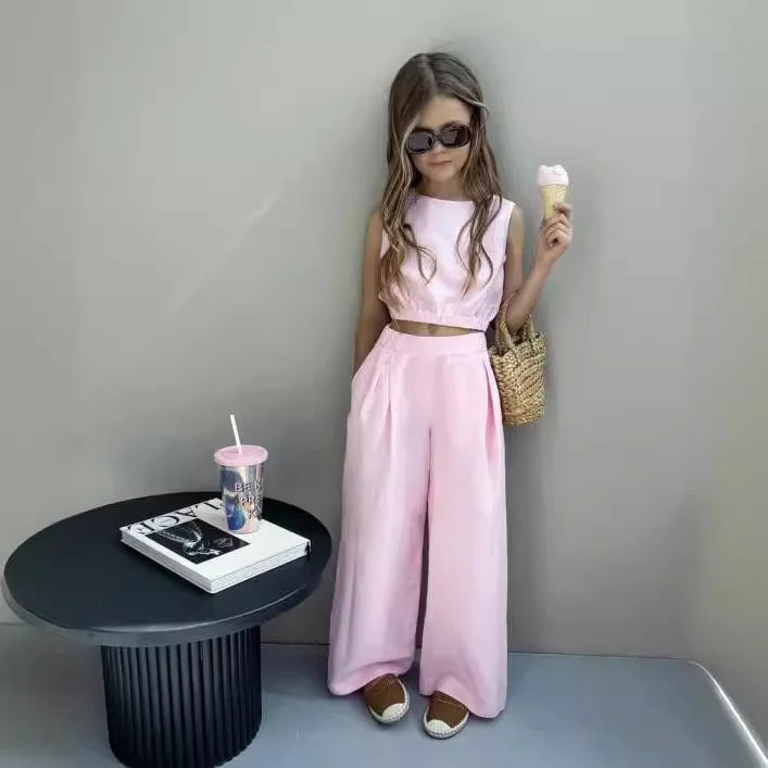 Girls Suit 2025 Summer Girls Cotton and Linen Fashion Waist Vest Suit Straight Pants Children's Two-piece Set Fashion