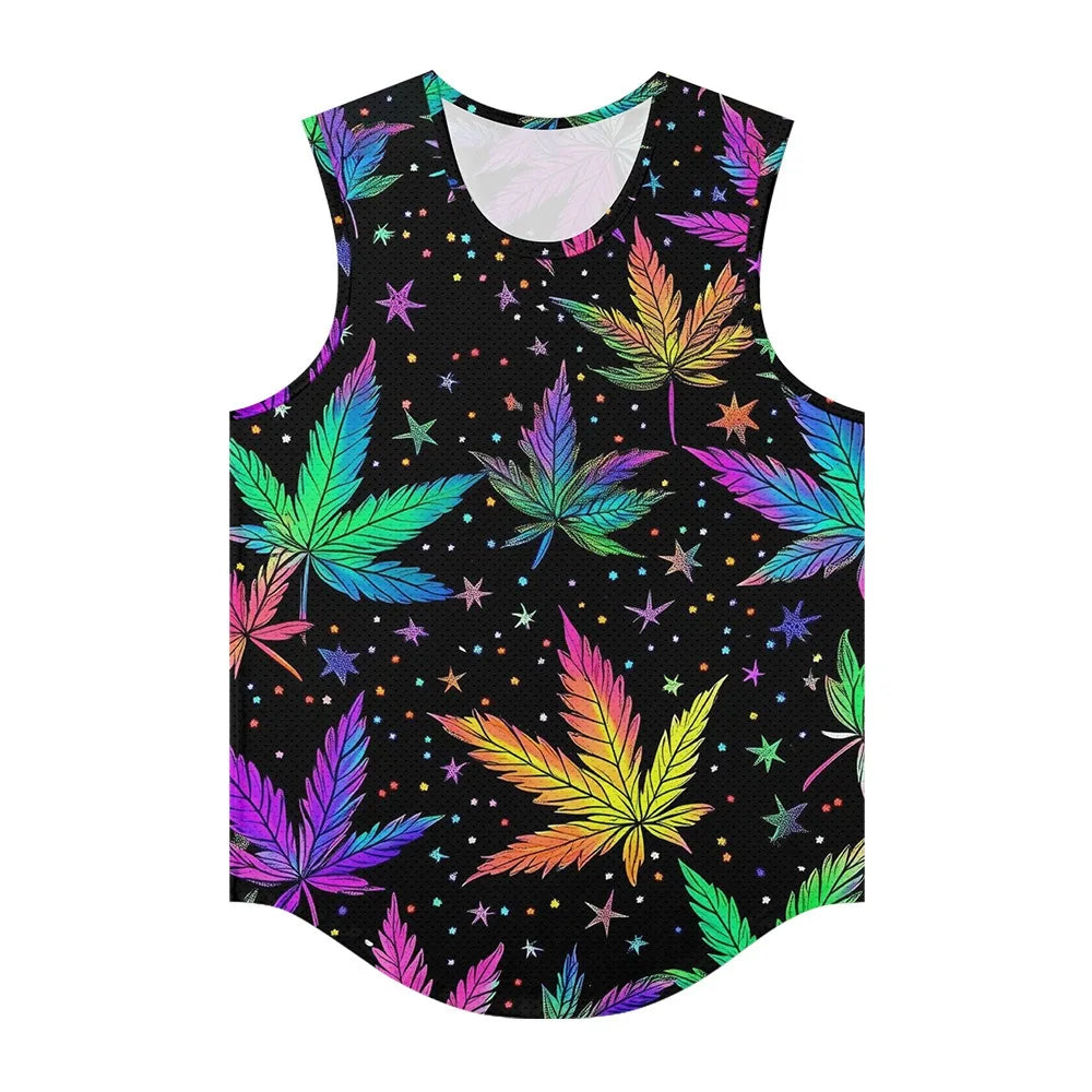 Men Vests Trendy Tropical Monstera Printed Breathable Beach Artistic Essential Tank Top Activewear Sports Oversized Clothing