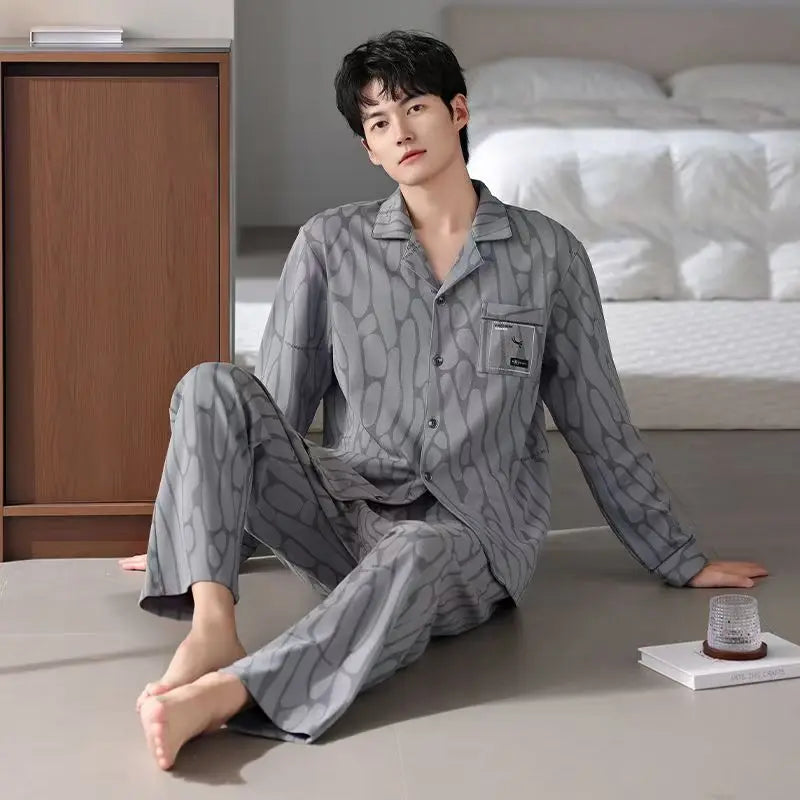 New Men's Pajamas Spring and Autumn Set, Can Be Worn Outside, Cardigan Loungewear, Casual Long-Sleeved, Large Size, Loose Fit, Autumn and Winter