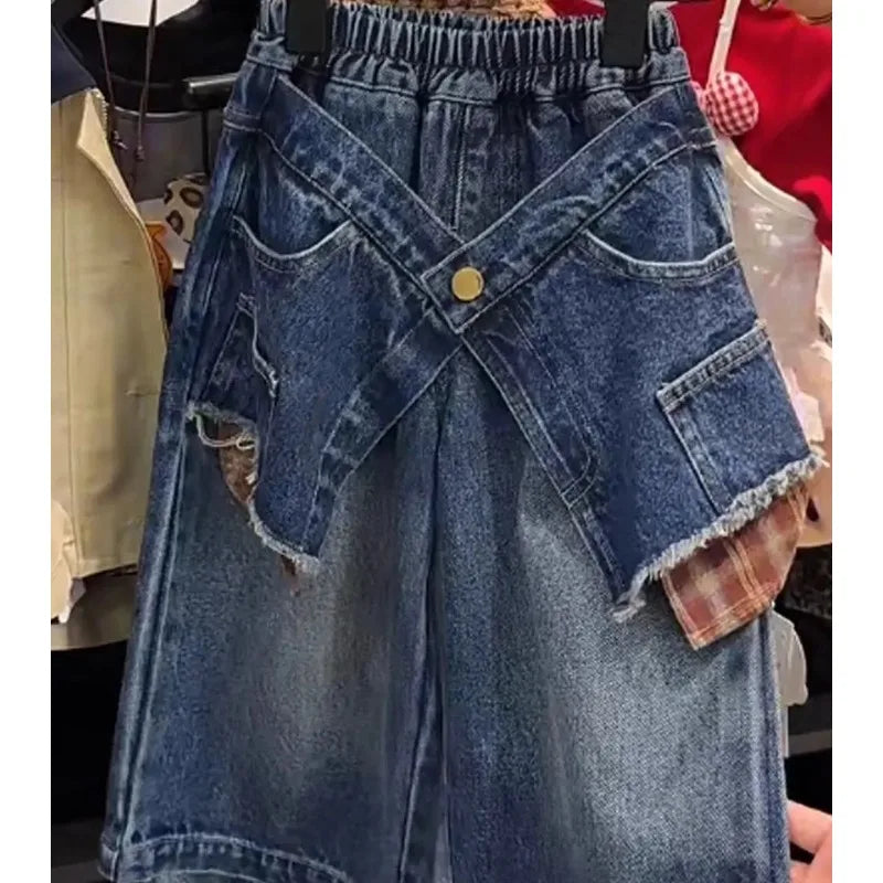 Girls' Pants Autumn 2025 New Style Children's Fashionable Splicing Denim Wide Leg Baby Loose and Versatile Skirt Pants Trend