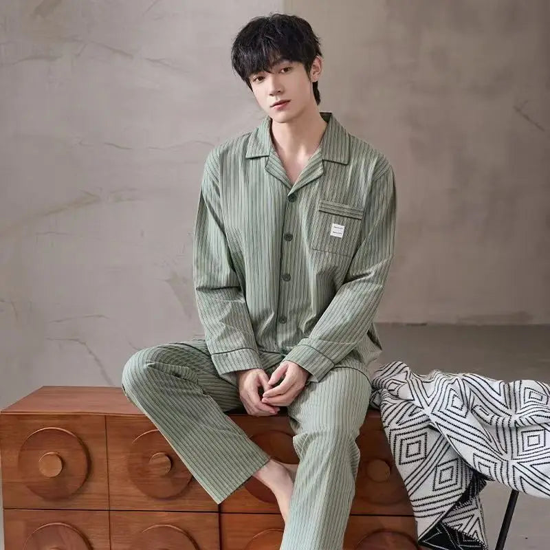 New Men's Pajamas Spring and Autumn Set, Can Be Worn Outside, Cardigan Loungewear, Casual Long-Sleeved, Large Size, Loose Fit, Autumn and Winter