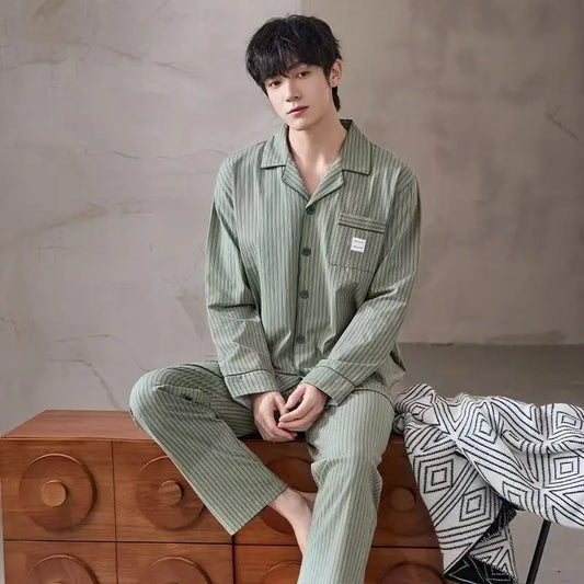 New Men's Pajamas Spring and Autumn Set, Can Be Worn Outside, Cardigan Loungewear, Casual Long-Sleeved, Large Size, Loose Fit, Autumn and Winter