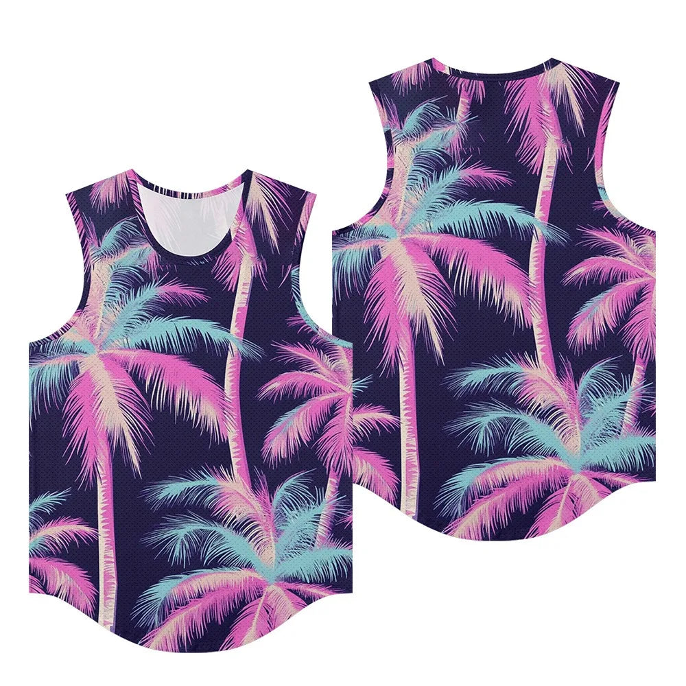 Men Vests Trendy Tropical Monstera Printed Breathable Beach Artistic Essential Tank Top Activewear Sports Oversized Clothing