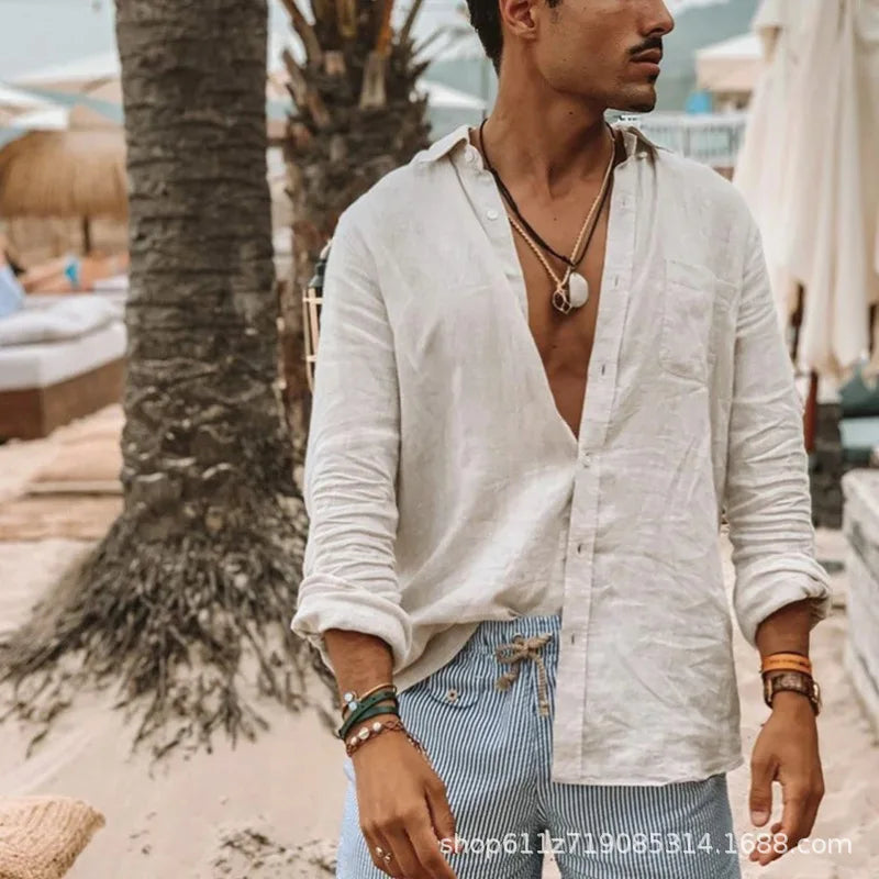 Beach Shirt Men's Casual Shirt Long Sleeve Lapel Cardigan Solid Color Cotton Linen Shirt Men's Tops Light Breathable Streetwear