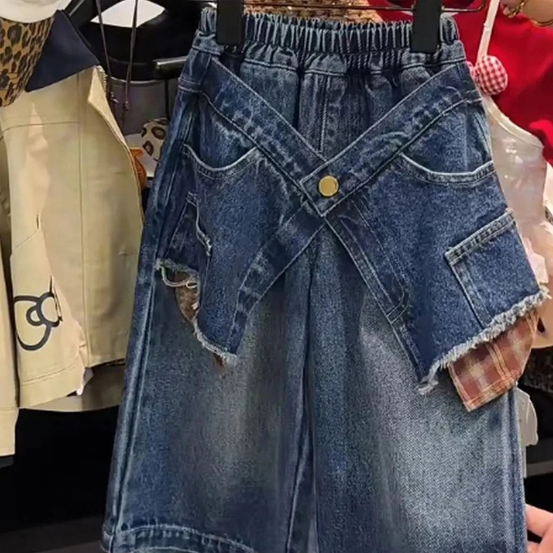 Girls' Pants Autumn 2025 New Style Children's Fashionable Splicing Denim Wide Leg Baby Loose and Versatile Skirt Pants Trend