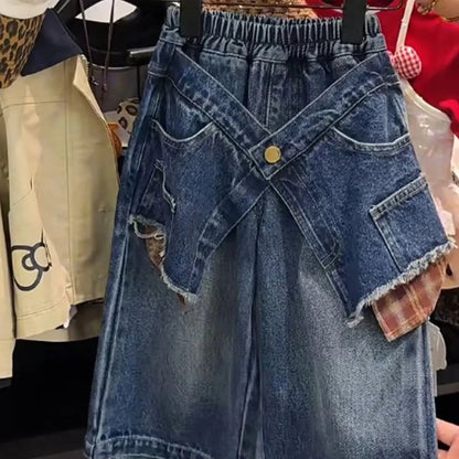 Girls' Pants Autumn 2025 New Style Children's Fashionable Splicing Denim Wide Leg Baby Loose and Versatile Skirt Pants Trend