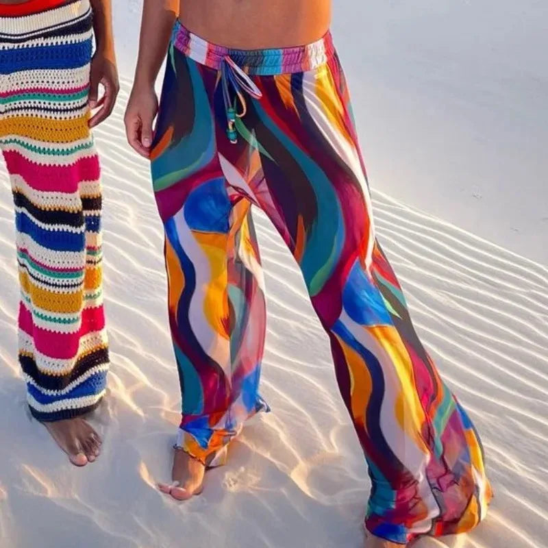 Rainbow Striped Pants Men's Beach Trousers Elastic Waist Straight Pants Men's Beachwear Lightweight Mesh Beach Pants