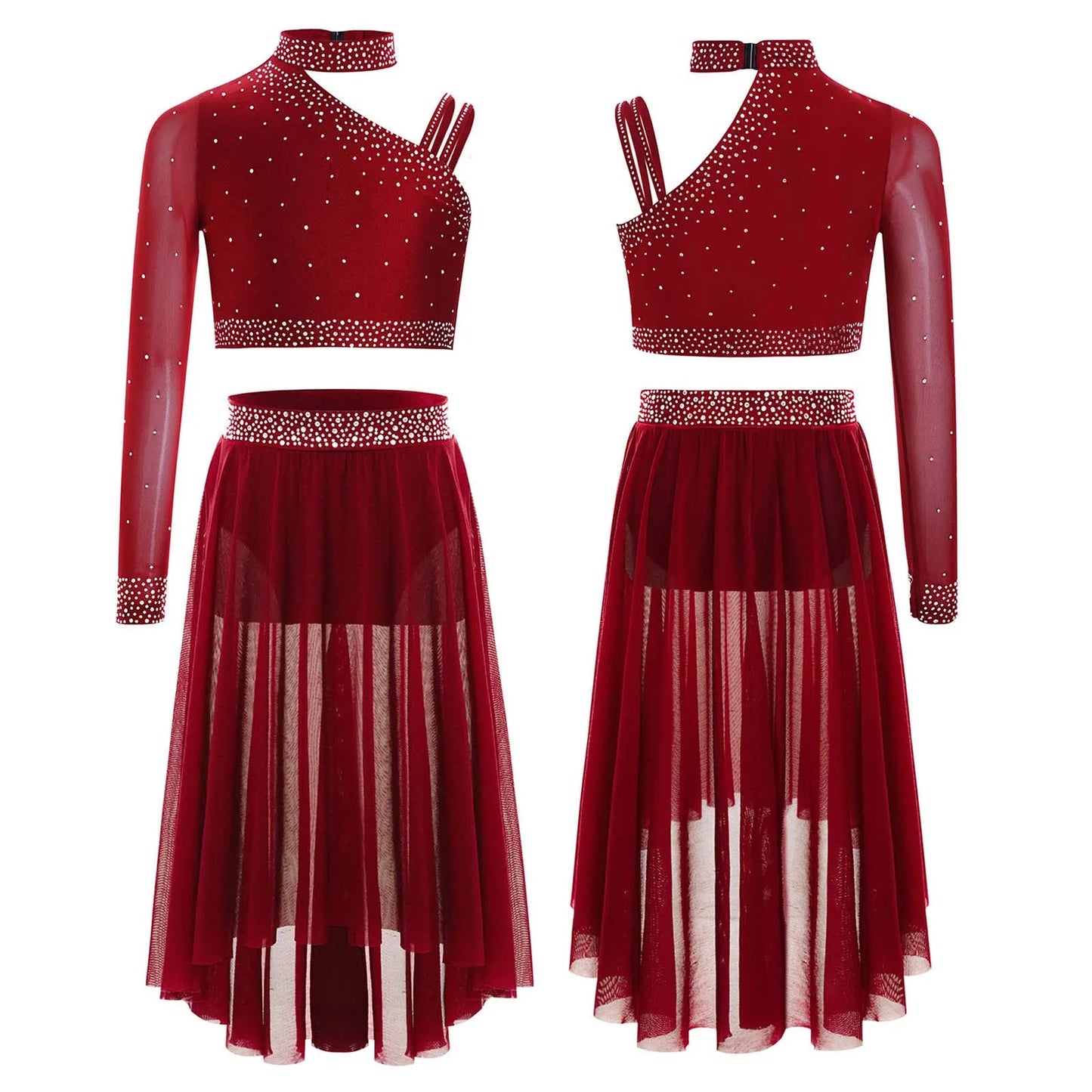 Girls Lyrical Dance Set Rhinestones Tops One Shoulder Crop Top with Side Slit Irregular Mesh Skirt Modern Contemporary Dancewear