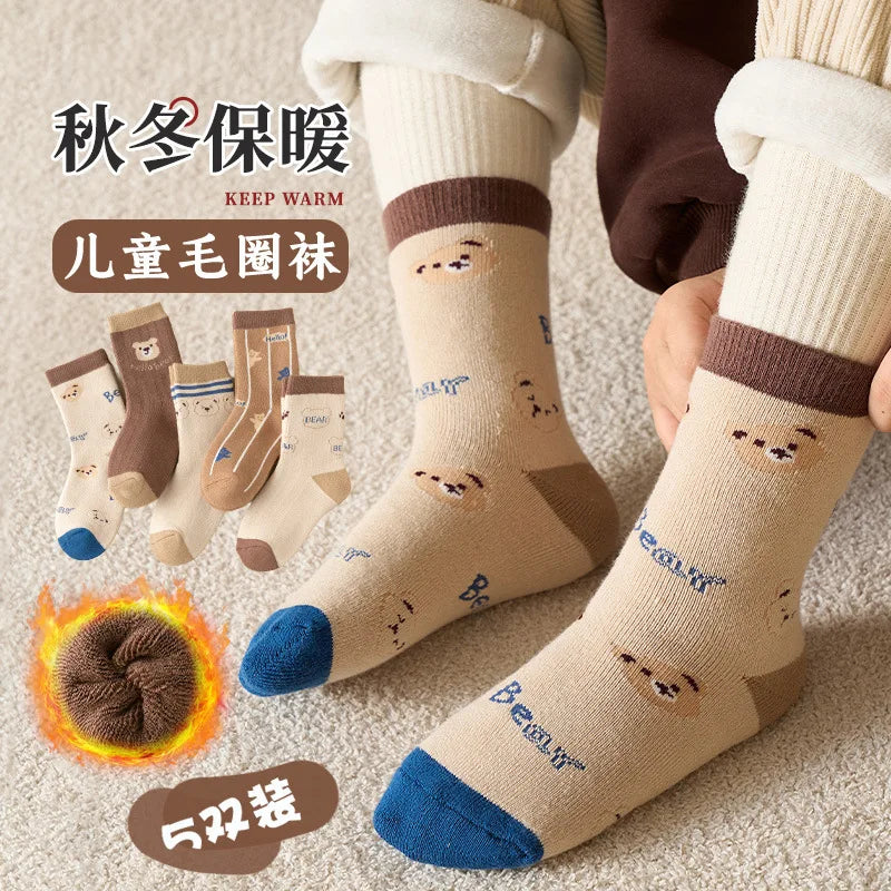 5 pairs of thick socks for girls in winter, medium to large-sized long tube looped socks with fleece added