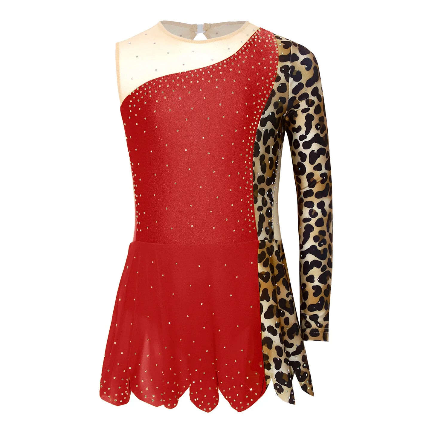 Teens Girls Lyrical Dance Dress Skating Rhythmic Gymnastics Costume Contrast Color Asymmetrical Split Rhinestones Leotard Dress
