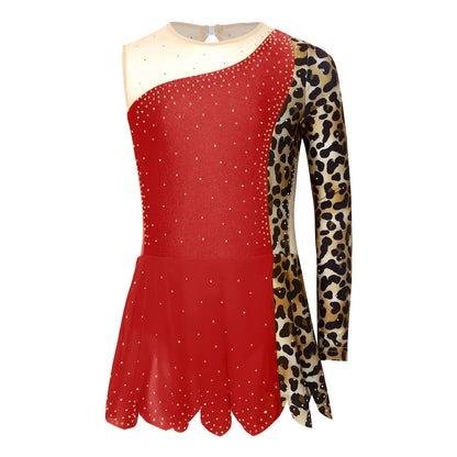 Teens Girls Lyrical Dance Dress Skating Rhythmic Gymnastics Costume Contrast Color Asymmetrical Split Rhinestones Leotard Dress