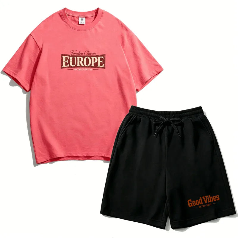 Teen Girls Clothing Set Summer Cotton Short Sleeve Top Shorts 2PCS Casual Europe Graphic Tee Distressed Print Clothes Set EU1
