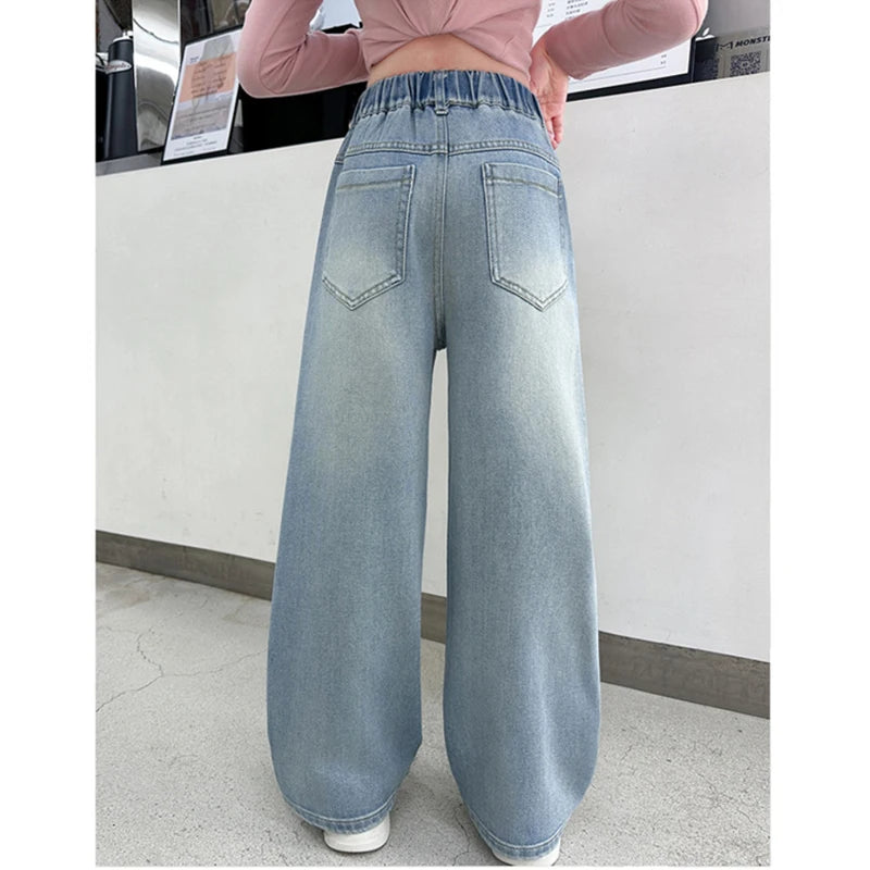 Teen Girls Denim Pants Spring Autumn New Heart Print Hole Wide Leg Pants For 5 6 8 10 12 14 Years Girls Stylish Trousers