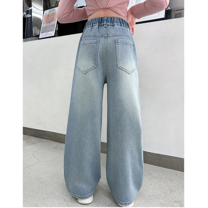 Teen Girls Denim Pants Spring Autumn New Heart Print Hole Wide Leg Pants For 5 6 8 10 12 14 Years Girls Stylish Trousers