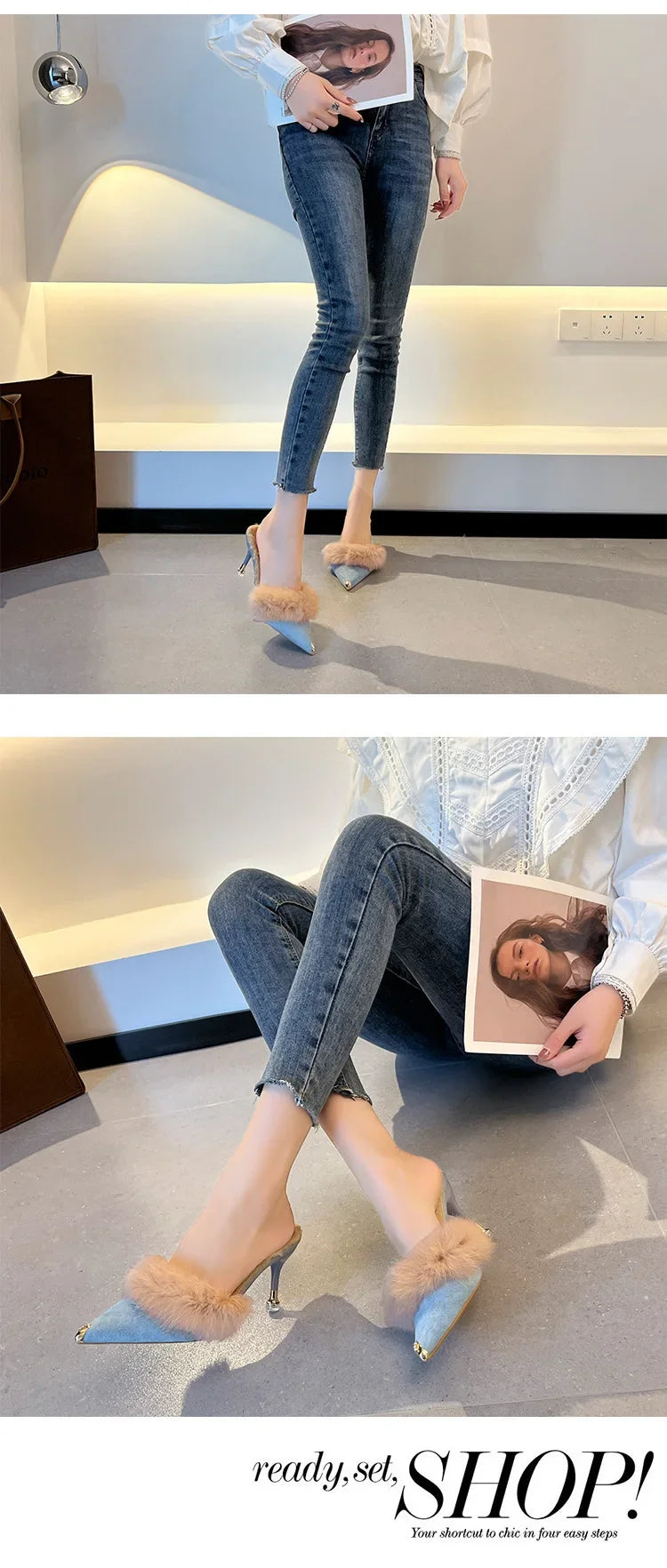 Women High Heel Shoes 2025 Fur Slippers Mules Pointed Toe Furry Slides Fashion Elegant Luxury Designer Flip Flops Office Pumps