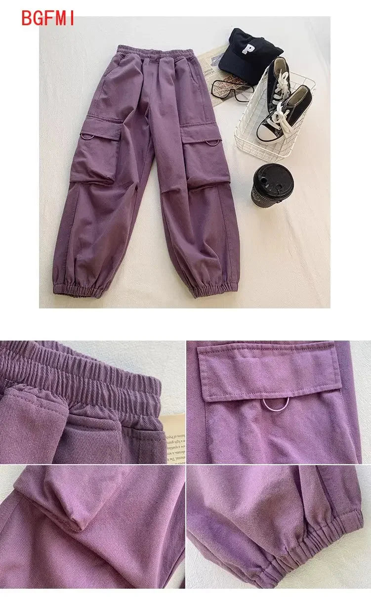 Girls Purple Casual Pants Big Children's Clothing Korean Black Cargo Long Pants Girls 2026 Spring Fashion New Cotton Trousers