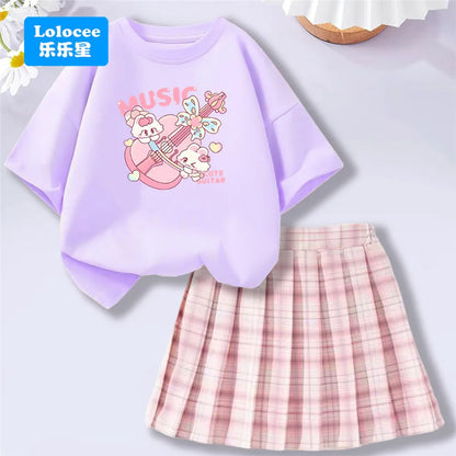 Girls' Trendy School Outfit - Cartoon Music Guitar Rabbit Print Tee + Plaid Skirt Two-Piece Set Teenage Girls Clothes Set