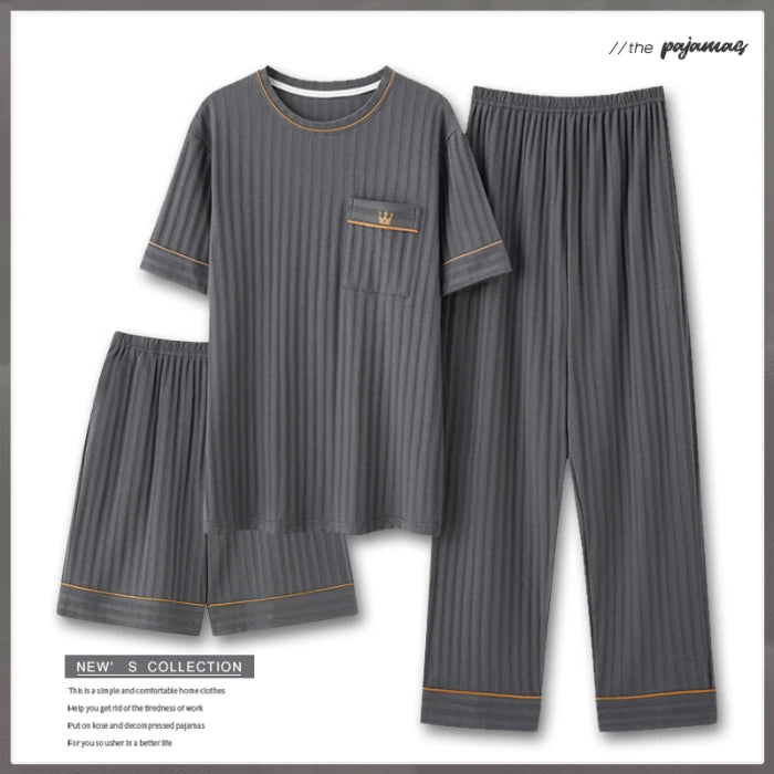 Men's Fashion Summer 3-Piece Pajamas Set Short Sleeve round Collar Cotton Homewear plus Size 5XL Shorts Loungewear Pijamas