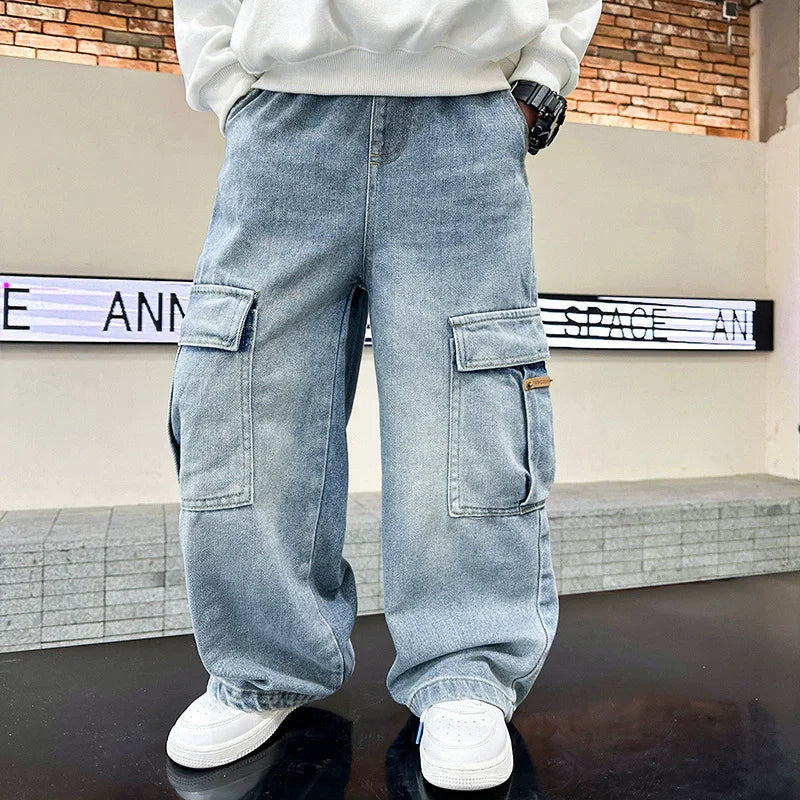 Teen Boys Straight Leg Cargo Jeans New Spring/Autumn Kids Wide Leg Denim Long Pants for Children Loose Pockets Trousers 5 14 Yrs