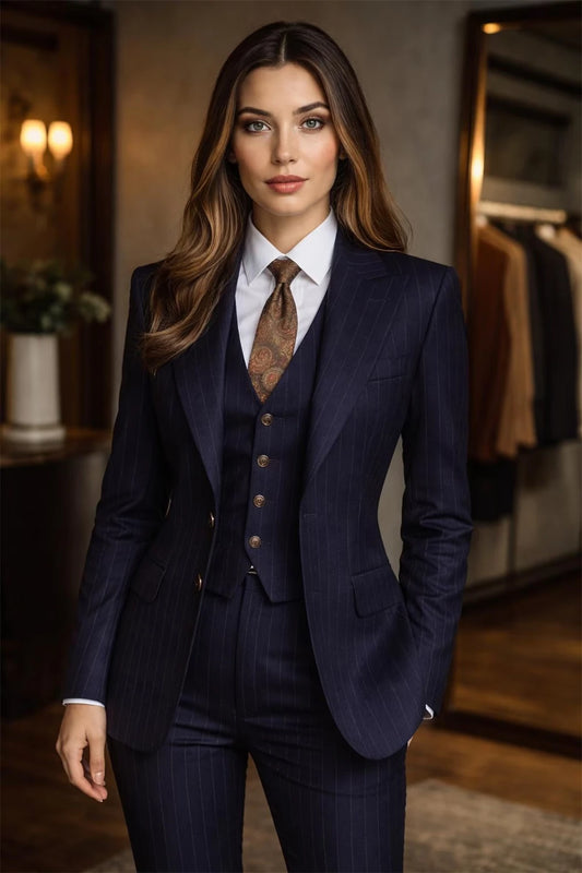 Navy Blue Pinstripe Suit Women's 3 Piece Suits for Office Chic Fashion Striped Suit (Jacket+Vest+Pants) Tailor Made
