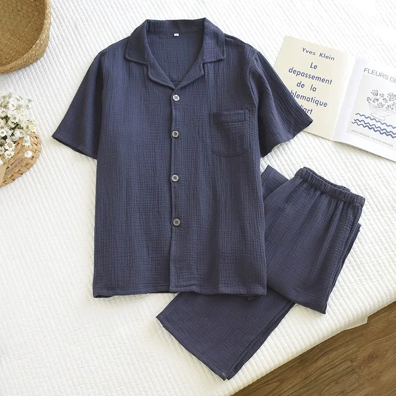 Men's Trousers Pajamas Set for Spring and Summer Thin Design Cotton Fabric Short Sleeved Long Pants Home Men Pyjama Set