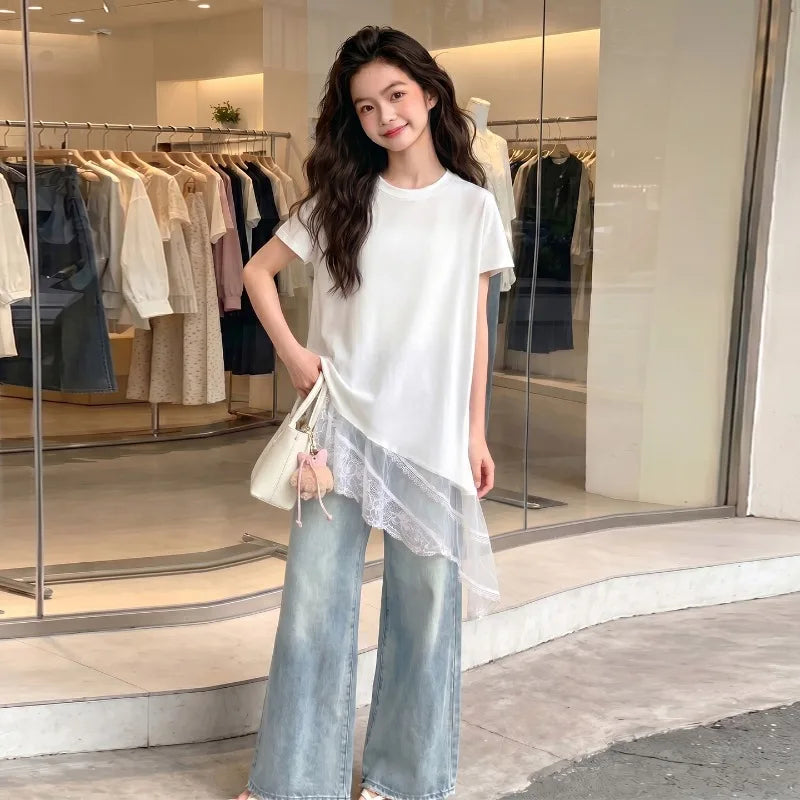 Girls T Shirt Summer 2026 Irregular Hem Lace Patchwork White Short Sleeve Tops Children Clothes Loose Minimalist Comfortable
