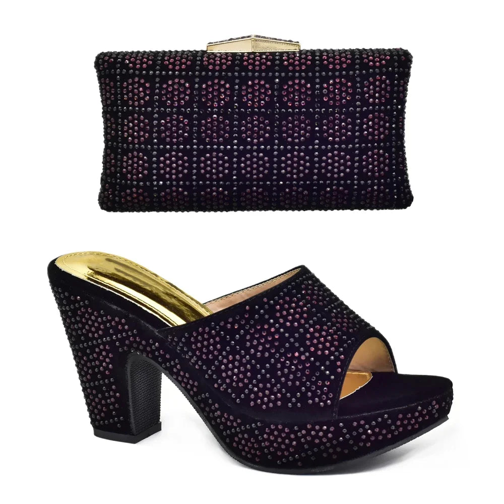 Italian Shoes and Bag Matching Set with Rhinestone