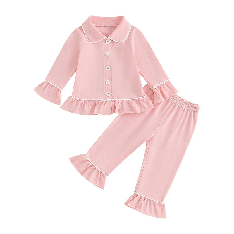 Baby Girls Pyjama Sets Cotton Long Sleeve Lapel Ruffle Hem Buttons Red Tops Pants Suit 2pcs Pjs for Toddler Girls Clothes