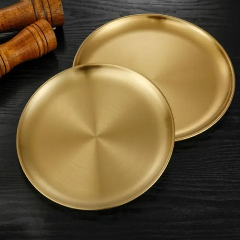 High Quality Gold Silver Tray Stainless Steel Dining Disc Round Bone Spitting Dishes Fruit Meat Dessert Plate Kitchen Tableware