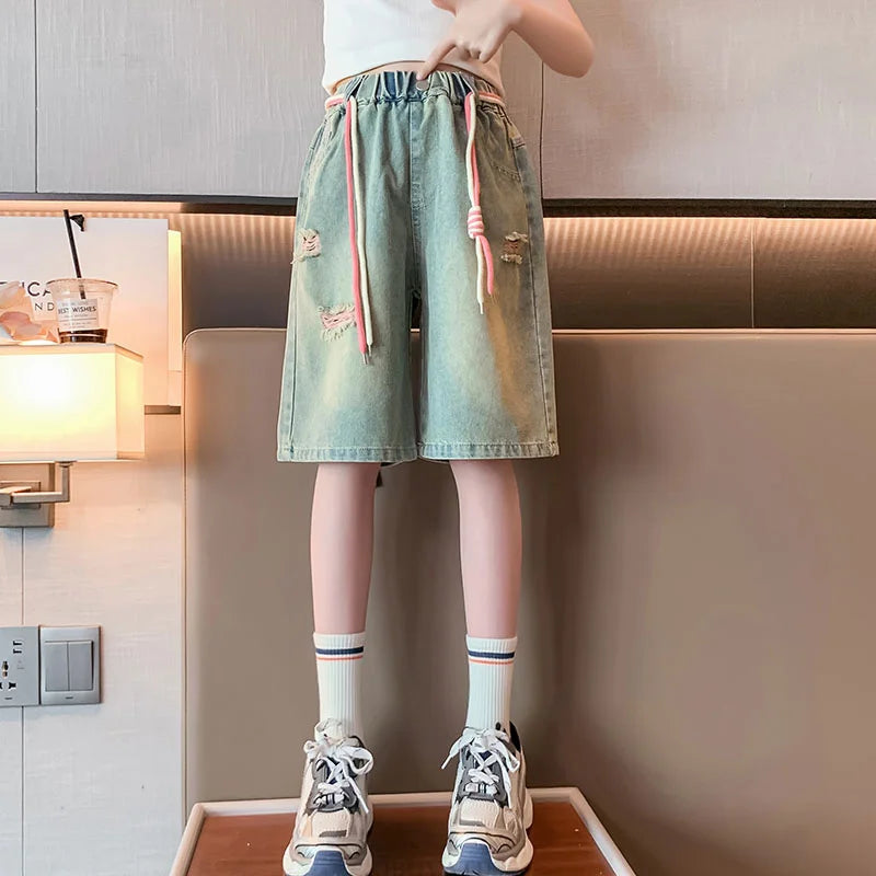 Teen Girls Knee-Length Denim Shorts Kids Elastic Waist Summer Ripped Shorts Pants For Teenager Casual Outfit Age 5 To 14 Years
