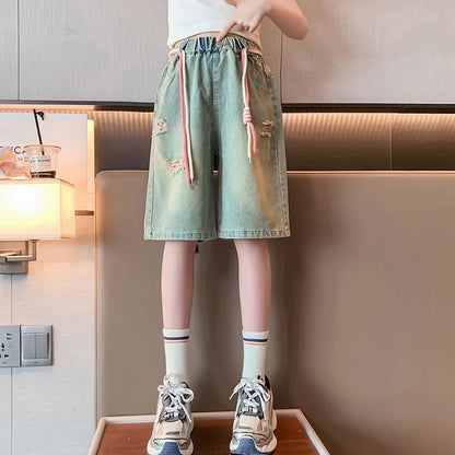 Teen Girls Knee-Length Denim Shorts Kids Elastic Waist Summer Ripped Shorts Pants For Teenager Casual Outfit Age 5 To 14 Years