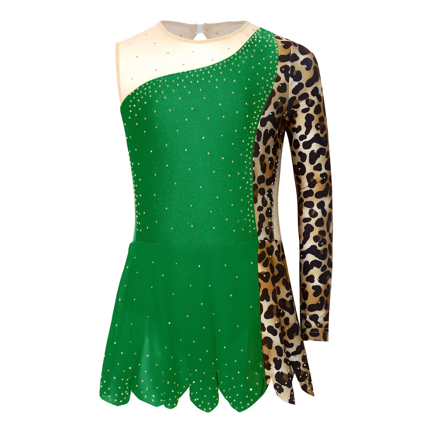 Teens Girls Lyrical Dance Dress Skating Rhythmic Gymnastics Costume Contrast Color Asymmetrical Split Rhinestones Leotard Dress