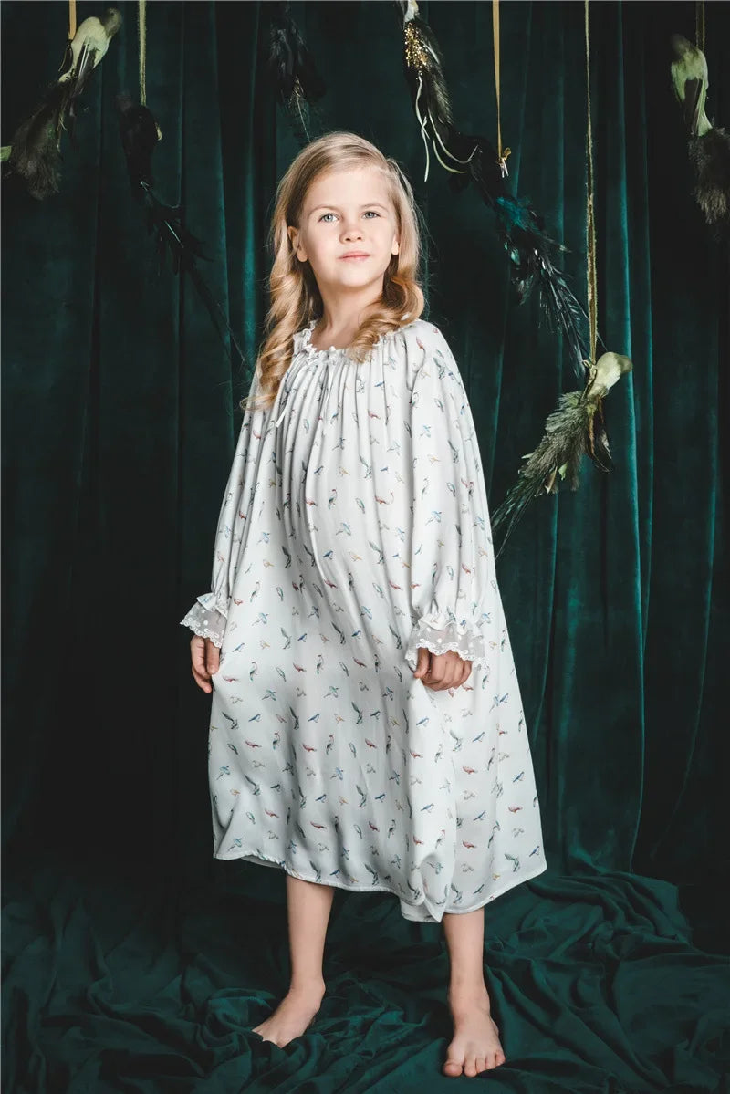 Girls Pajamas Set 2025 Spring And Summer New Blue Lace Lace Children's Home Clothing Cotton Printed Pajamas Children's Clothing