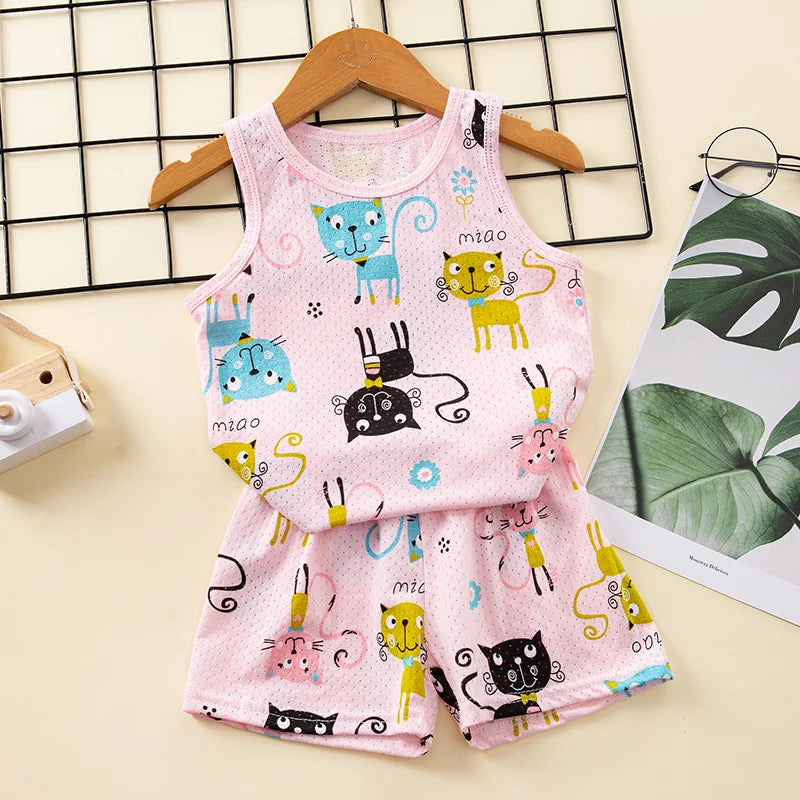 Girls Pajamas Sets 0 to 1 2 3 4 5 6 7 8 9 Years Cute Cat Print 100% Cotton Cartoon Boys Pyjamas Dino Kids Children Home Clothing