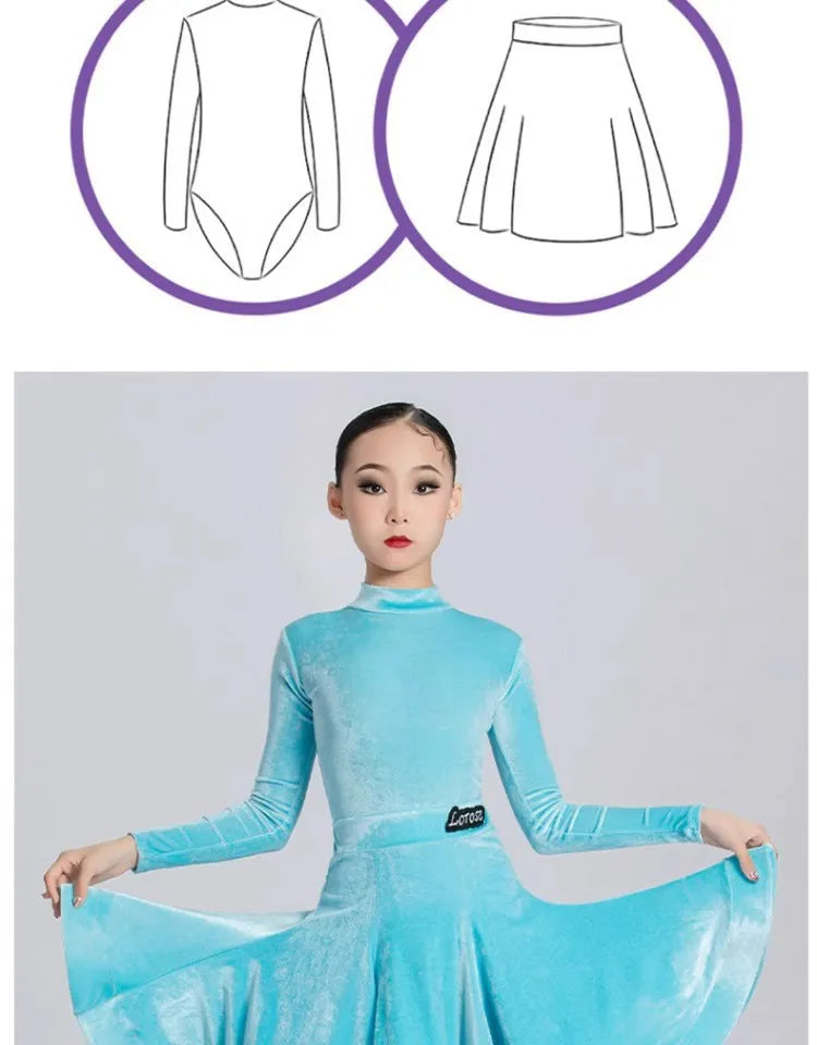 Girls' Latin Dance Dress Autumn/Winter Long Sleeve Professional Practice Dress Velvet Split Set Dance Performance Dress