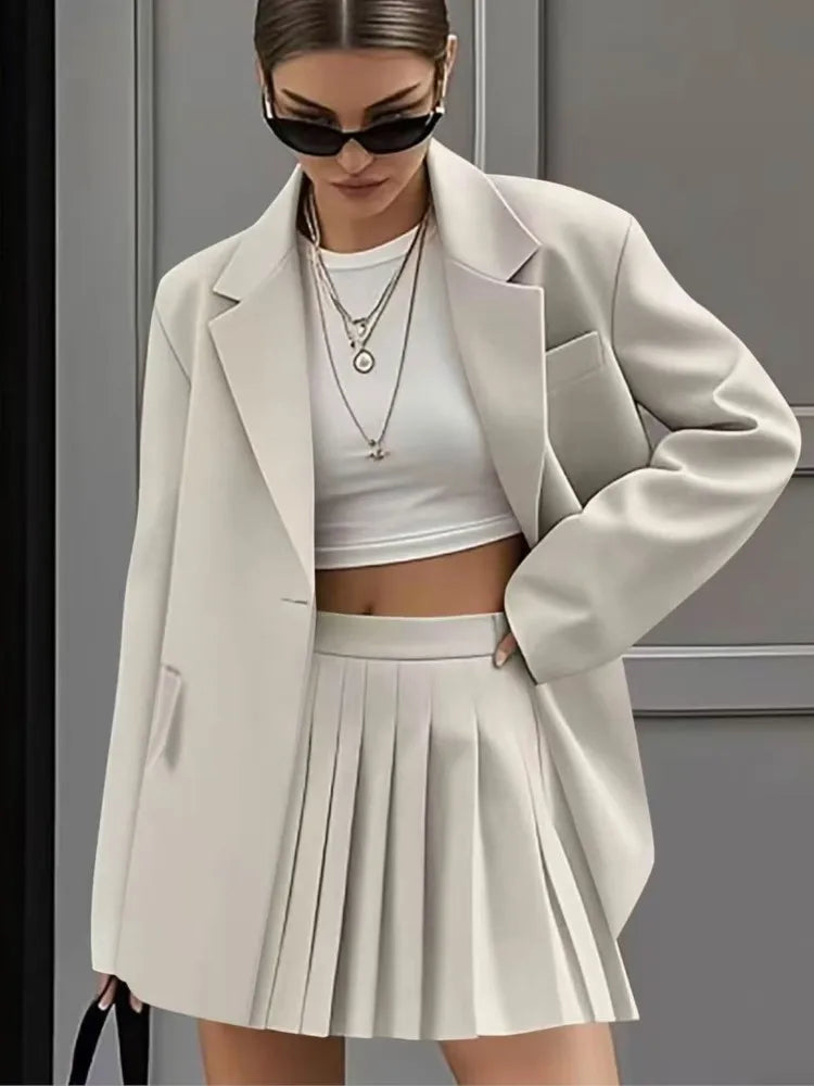 Women's New Fashion Casual Two-Piece Sets Pleated Skirt Suits Women Spring Autumn Office Ladies Solid Suit Coat And Skirt Set