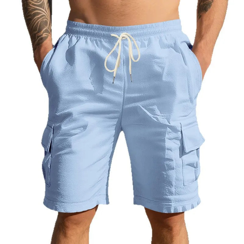 Cross-border European and American men beach skin-friendly breathable linen loose cargo multi-pocket squat jogging casual shorts