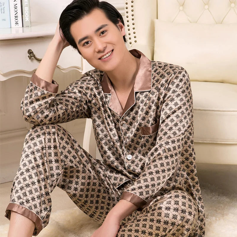 Pajamas Men Spring Summer Thin Ice Silk Luxurious Loose Fitting Home Wear Suit Male Satin Pyjamas Set Night Pajamas Set Men