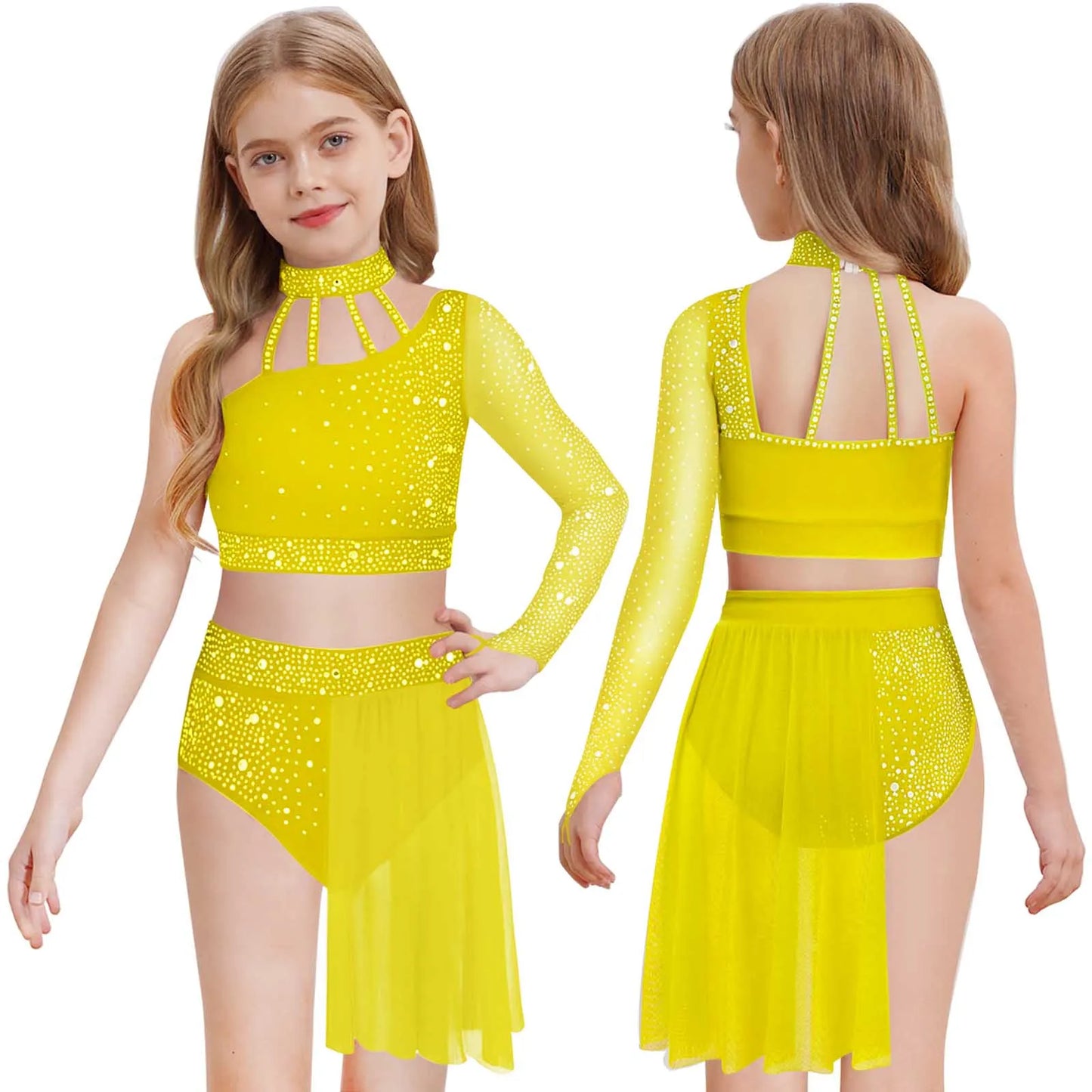 Girls Lyrical Dance Outfit One Shoulder Rhinestone Crop Top with Skirts Modern Contemporary Ballet Gymnastics Skating Dancewear