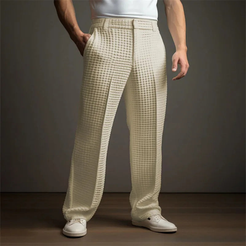 Men's Dress Business Solid Color Waffle Slant Front Bag Straight Casual Vacation Fashion Pants