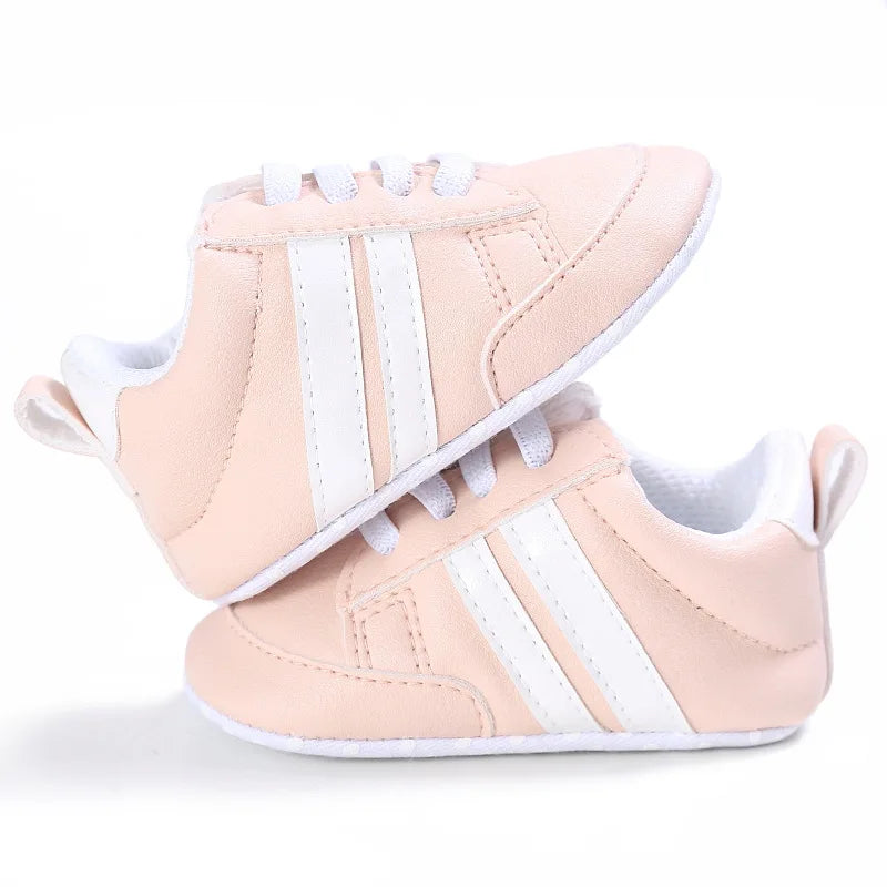 Newborn Baby Boys Shoes for 1 Year Footwear with Striped Infant Casual PU Leather Toddler Soft Sole Girls Sneakers First Walkers
