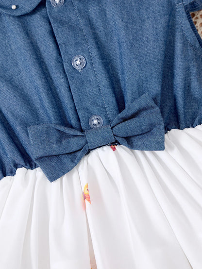 Girls Casual Dresses Denim Print Button Bow Ruffled sleeves Floral Tulle Cute Princess Formal Dresses Children Casual Dresses